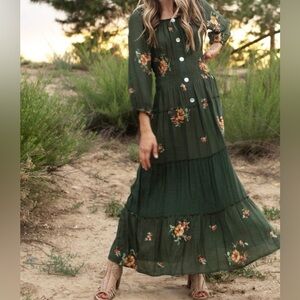 Embroidered green maxi dress from Anthropologie
